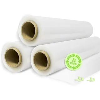 Rollo Film Elástico de Plástico Estirable Transparente 70% Reciclado de 50 cm Extensible Hasta 300 Metros de Largo Protector de Embalaje Industrial Resistente para Embalar y Paletizar (3 Rollos)