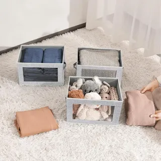 4 Stück Aufbewahrungsboxen, faltbare Aufbewahrungsboxen mit transparentem Sichtfenster, Stoff-Aufbewahrungskorb Würfel mit Deckel zur Organisation von Kleiderschrank, Regal, Spielzeug, Kleidung
