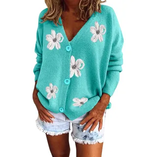 Damen Cardigan mit knöpfen Blumen-Stickerei Strickjacken Pullover Cardigan Langarm Casual Strickmantel Leichte Herbst Winter Kurz Grobstrick Jacke Strickjacke Strickweste