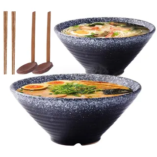 Japanische 9-Zoll-Keramik-Ramen-Nudelsuppeschüssel, 2 Sätze 1600 ml Mehrzweckschüssel mit passendem Löffel und Essstäbchen für Instantnudeln, Suppe, Nudel, Pho, Udon und Soba (black)