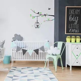 Ambiance Sticker Wandtattoo Tiere Blühender Baum und Vogelkäfig Selbstklebender Wandaufkleber für Baby, Kinderzimmer und Wohnzimmer - H30 x L50 cm