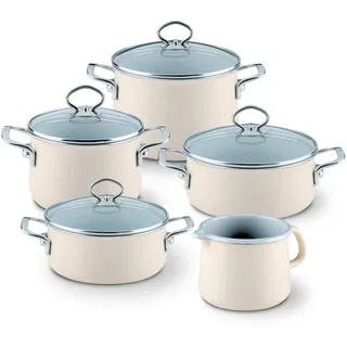 Riess, 0584-011, Familien-Set 5tlg., AVORIO, Emaille, Made in Österreich, LBH: 48,5x39,0x28,5cm, 7,740kg, Kanne mit Henkel, Deckel, Induktionskocher kompatibel, Gasherd geeignet, Spülmaschinenfest
