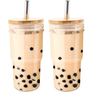 Buwico Glas-Bubble Tea Becher mit Strohhalm und Deckel, Trinkbecher Wiederverwendbarer, Glas-Kaffeebecher Für Cappuccino, Latte, Säfte, Joghurt, Mehrweg Smoothie Becher 2 Sets 700 ml Bubble Tea Set