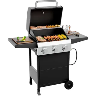 ROVSUN Gasgrill Camping mit 3 Brennern, Camping Gasgrill 10,5 kW, Grillwagen mit Deckel & 2 Seitenablagen, Gas Grill (3 Brennner, 117x40x140 cm)
