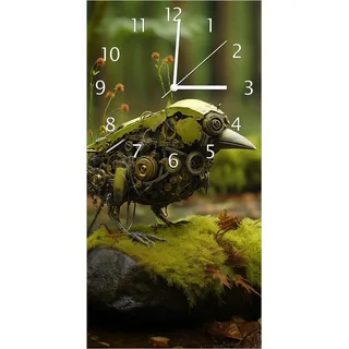 Wallario Design Wanduhr Mechanischer Waldvogel aus Echtglas, Größe 30 x 60 cm - Grün