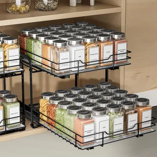 ZDDLOINP Ausziehbares Gewürzregal Für Schrank, 2 Etagen Gewürzregale, Einstellbare Höhe Gewürzregal Schwarz, Gewürz Organizer Ausziehbar, Schrank Organizer Küche