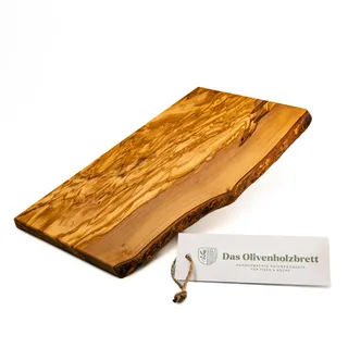 DAS OLIVENHOLZBRETT® Schneidebrett Massivholz, Kräuterbrett, Frühstücksbrett aus Holz, Olivenholz mit einer Seite Naturkante, 35 cm