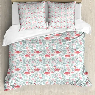 ABAKUHAUS Flamingo Bettbezug, Botanischer Flourish, Milbensicher Allergiker geeignet mit Kissenbezügen, 155 cm x 220 cm - 80 x 80 cm, Seafoam Coral Weiß - Weiß