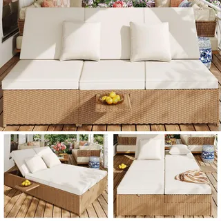 Outdoor Gartenliege Doppelbett, Rattan Outdoor Liege, Rattansofa, das als Gartenmöbel im Freien verwendet werden kann, geeignet für Lounges, Balkone und Gärten, wetterfest, klappbar, mit Kissen, weiß