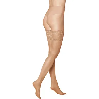 KUNERT Damen Halterlose Strümpfe Satin Look 20 breites Spitzenband 20 DEN tan 1003 L