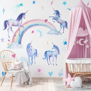 WandSticker4U®- [Aquafarben] Wandtattoo EINHORN REGENBOGEN (105x90 cm) I Wandsticker Kinderzimmer Mädchen Einhorn Regenbogen Sterne I Wandaufkleber Kinderzimmer Deko Mädchen Babyzimmer Prinzessin