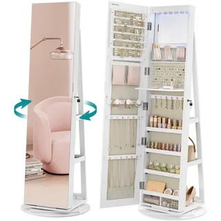 Songmics Schmuckschrank, Spiegelschrank, mit rahmenlosem Ganzkörperspiegel, 3 Ablagen, 360° drehbar, abschließbar, Oberfläche in Weiß, Innenfutter in Greige JJC007W02