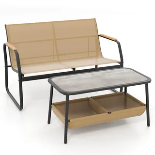akhan FANTASK 2-Sitzer Sitzbank mit Couchtisch aus Textilene, Gartenbank mit 2 Stauraumfächern, Balkonmöbel-Set, Gartengarnitur, Gartenmöbel, Kaffeetisch, Sitzgruppe für Garten & Balkon