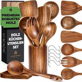 Holz Kochbesteck-Set mit Halter, Pfannenwender Kochlöffel Schöpfkelle Nudelheber Servierlöffel Sieb – mit Haken, Halter und Ablage – 13-teiliges-Set Küchenset – hochwertig & nachhaltig
