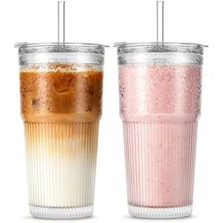 INSETLAN 530ml/18oz Glas mit Deckel und Strohhalm, 2 Stück Gerippte Glasbecher mit Deckel und Strohhalm für Eiskaffee, Saft, Smoothies & Kaltgetränke, Spülmaschinengeeignet & auslaufsicher (2)