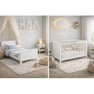 Baby Happy Bliss NELLY Babybett 120x60 cm – Kinderbett, umbaubar zum Juniorbett – Buchenholz – 3 Schlupfsprossen – Weiß - Weiß