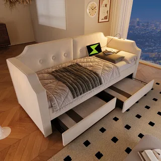 okwish Schlafsofa Daybett 90x200cm mit Lattenrost aus holz, Tagesbett Kinderbett Jugendbett mit USB-Type-C Leselicht und 2 Stauraum Schubladen(Ohne Matratze)- Beige - Beige