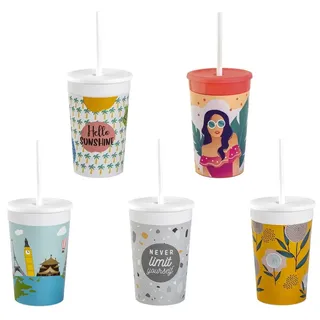 Engelland 5 x Kunststoffbecher mit Deckel und Strohhalm, BPA-frei, Bunte Mischung, Trinkbecher, Party-Becher, Plastik, Trink-Gläser, Mehrweg 0,33l