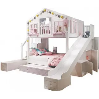360Home schönes Haus Etagenbett mit Rutsche, Stufen und Stauräumen 1350x1900mm Stufen mit Stauraum+Ausziehbett+Garderobenrutsche