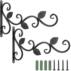 Lewondr Haken für Blumenampel, 2 Stück Retro Aluminiumlegierung Wandhaken Aufhänger Halterung mit Schrauben für Blumentöpfe Pflanzen Laternen, Garten Balkon Zaun Außen Deko - Blatt, Schwarz