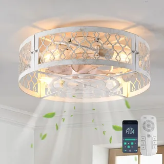 Ganeed Deckenventilatoren mit Leuchten Industrial Style Farmhouse Deckenventilator 50cm Metall Käfigbeleuchtung E27 Unterputzmontage mit Fernbedienung Weiß 4 Lichter