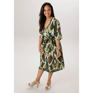 Blusenkleid ANISTON PLUS, Damen, Gr. 52, N-Gr, grün (khaki, weiß, bordeaux, senf), Web, Obermaterial: 100% Viskose, bedruckt, gemustert, figurumspielend kniebedeckend, V-Ausschnitt, Kleider Blusenkleid, mit dekorativer V-Ausschnitt