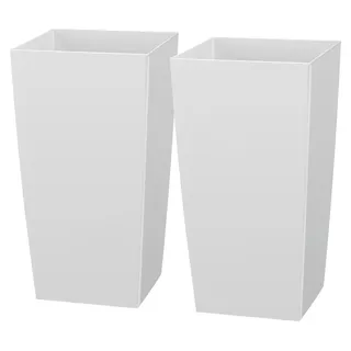 Set aus 2 hohen Pflanzkübeln, 750 mm große, konisch zulaufende Pflanzkübel für den Außen- und Innenbereich, moderne Kunststoff-Blumentöpfe mit Rollen für die Veranda, mit Inneneinsatz und Abflusslöchern für Terrasse und Garten, weiß