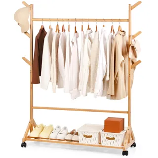 Relquorax Kleiderständer Bambus, Garderobenständer offener Kleiderschrank mit Ablage Kleiderstange Haken, mit Rollen beweglich, stabil für Schlafzimmer Flur (L - 120cm)