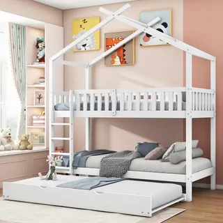 STILVORA Etagenbetten 90x200 Kinderbett mit drei Betten,Hausbett mit Ausziehbett,Jugendbett mit Rausfallschutz,Weiß(mit Matratze*1) - Weiß