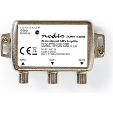 Nedis SAMP41120ME CATV-Verstärker Verstärkung: 12 dB 85-1218 MHz Anzahl der Ausgänge: 2 Rückweg Silb (Stromversorgung), TV Receiver Zubehör, Silber