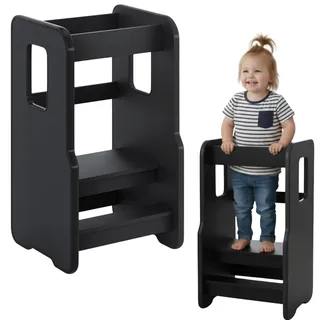 ComfortCove Lernturm ab 1 Jahr, Sicherer & Stabil Tritthocker Kinder, 3-stufig höhenverstellbarer Lernturm für Kinder, Montessori Learning Tower für Kleinkinder, Kinderstuhl Holz, Schwarz