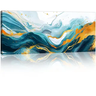 Abstrakt Grün Gold Gewellt Mit Rahmen Großes Leinwandbilder Bilder, Modern Nordisch Minimalistisch bild auf leinwand Wandkunst Wandbilder XXL Kunstdruck Deko für Wohnzimmer Schlafzimmer 120x50cm
