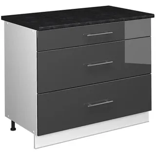 Vicco Küchenunterschrank Fame-Line, Anthrazit Hochglanz/Weiß, 100 cm, AP Anthrazit , Schwarz Hochglanz, Weiß , Holzwerkstoff , 3 Schubladen , Rechteckig , 100x82x60 cm , Küchen, Küchenmöbel, Küchenschränke, Küchenunterschränke