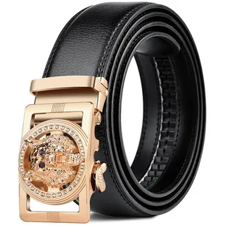 NALANY Unisex Herren Gürtel Schwarze Ledergürtel Ratsche Automatikschließe mit Vintage Gravur Jagd Wolf Kopf Dekorative Gürtelschnallen Business Anzug(130cm/waist:45", Gold)