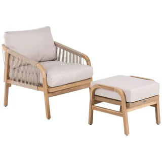 BELIANI Gartensessel mit Ottomane Hellbraun Akazienholz u. Flechtseil Auflagen Hellbeige Rustikaler Outdoor Holzsessel für Lounge Balkon Terrasse - Braun, Beige