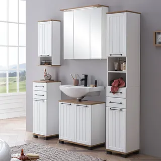 Badmöbel Set mit Spiegelschrank, 5-teilig, weiß matt mit Eiche Nb. im Landhaus Design, JAUSA-80 - Weiß