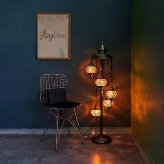Handgefertigte türkische Stehlampe mit 5 Glaskugeln – orientalische Bodenlampe im Mosaikdesign – braun - Braun