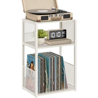 VASAGLE Plattenspieler-Ständer, 3 Etagen, Beistelltisch, Aufbewahrung von Schallplatten, bis zu 100 Alben, Tisch für Wohnzimmer, Schlafzimmer, vintageweiß LET275W01