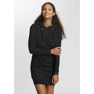 Sweatkleid RAGWEAR "BESS O", Damen, Gr. XL (42), N-Gr, schwarz, Sweatware, Obermaterial: 70% Baumwolle, 30% Polyester, bedruckt, gemustert, kontrastfarbene Details, mehrfarbig, figurbetont normal, Kleider Sweatkleid, Hoodie mit Tunnelzug-Kapuze