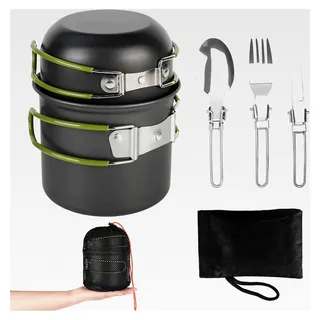 Camping Kochgeschirr Set aus Aluminium, Outdoor Kochgeschirr mit Faltbarem Besteck für 2 Personen, Picknick Topf, Mini Camping Kochset
