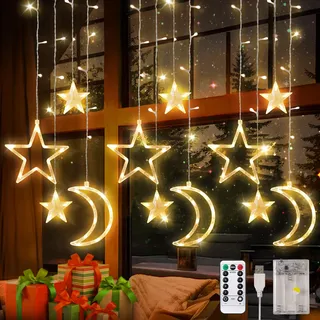 FemKey LED Lichterkette Weihnachten, 3.5M Lichtervorhang Fenster Innen USB/Batterie, LED Weihnachtsbeleuchtung Stern Mond Weihnachten Stil Warmweiß