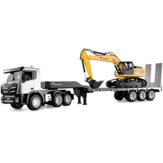 AMEWI 2-in-1 Set LKW mit Tieflader und Bagger 1:24 RTR ferngesteuert RC Baustelle Kinder 8 Jahre, Anthrazit-schwarz-gelb