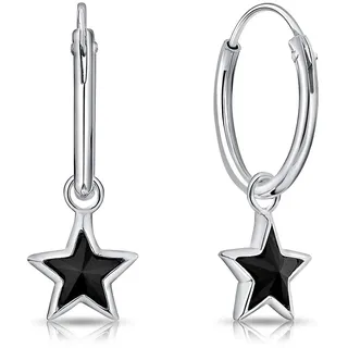 DTPsilver® KLEINE Creolen Ohrringe 925 Sterling Silber mit Baumeln Swarovski® Elements Kristall Stern - Dicke 1.5 mm - Durchmesser 14 mm - Stern Durchmesser: 7 mm - Farbe : Schwarz