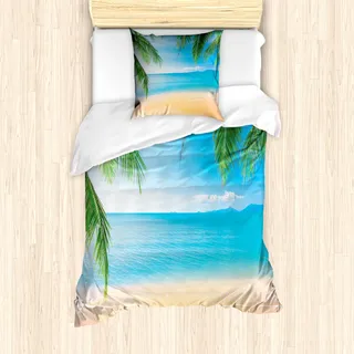 ABAKUHAUS Strand Mantele, Exotische Lagune Sand Ozean, Milbensicher Allergiker geeignet mit Kissenbezügen, 135 cm x 200 cm - 80 x 80 cm, Sand Brown Sky Blue