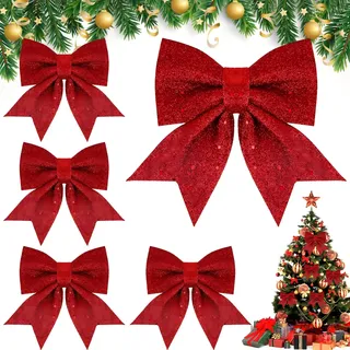 SaiXuan 5er Set Rote Schleifen Weihnachten – Weihnachtsbaum Deko & Weihnachtsbaumschmuck Rot – Weihnachtsbaum Schleifen mit Glitzer, Klassische Rote Weihnachtsdeko mit Drahtband für Baum & Türkranz
