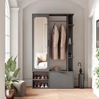 Garderobe mit Spiegel ELIOR links, Diamantgrau, moderner Flurschrank mit Stauraum, Kleiderstange und Ablagen - Grau