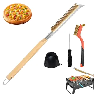 Pizzaofen Bürste mit schaber, Pizzastein Bürste Lang 56cm, Pizzaofen Besen, Pizza Bürste Messing, Pizzaofen Zubehör Set mit Silikon Ofenhandschuhe für Pizzaofen Gasgrill,Ofenbürste