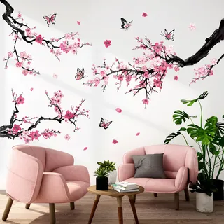 Fufuquare Wandaufkleber mit Rosa Schmetterlingen und Botanischen Pflaumenblütenbäumen Vinyl Wandtattoo Geeignet für Kinderzimmer Schlafzimmer Wohnzimmer und Badezimmer