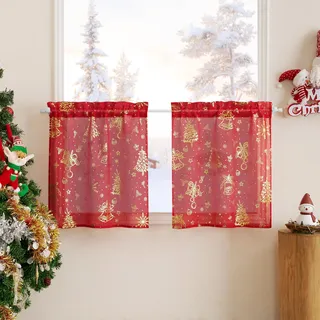 PONY DANCE Scheibengardine Weihnachten 2er Set B 60 x H 45 cm Stores Gardinen Rot Scheibengardinen Transparent Fenstergardinen Weihnachts Gardinen Küche Kurzgardinen für Kleine Fenster