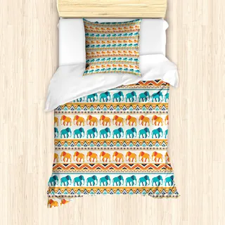 ABAKUHAUS Elefant Mantele, Exotische geometrische Kunst, Milbensicher Allergiker geeignet mit Kissenbezügen, 135 cm x 200 cm - 80 x 80 cm, Turquoise Orangencreme - Türkis